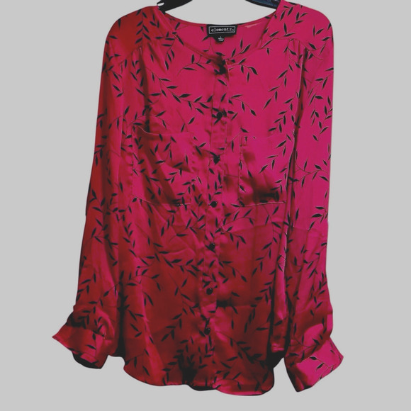 Elementz Red Black Leaf Print Button Down Tunic Shirt Size Large Classic NWT - Picture 2 of 7